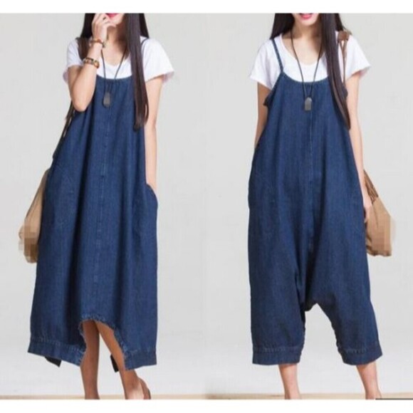 Womens Denim Jumpsuit‎ Balloon Pants Blue Oversized Romper Drop Crotch Hobo - Picture 1 of 8